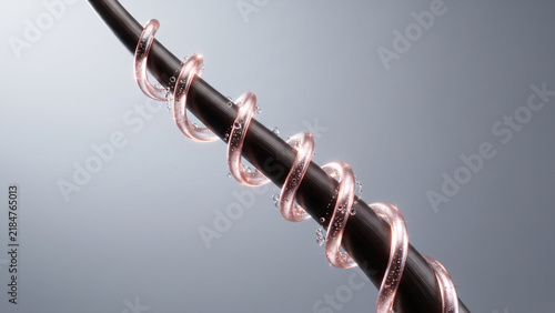 Sleek hair fiber wrapped in rose gold shield spiral, damage repair, hair restoration, heat protection care