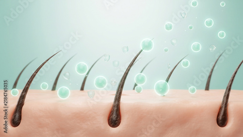 Healthy hair strand scalp with probiotic drops and shield particles, damage repair, hair restoration, microbiome care