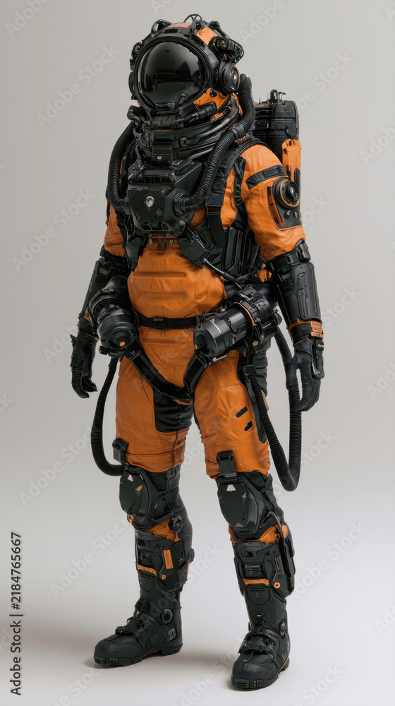 Fototapeta premium Full body view of futuristic heavy deep sea diver suit or astronaut suit in bright orange and black colors complete with heavy helmet pressure tubes mechanical gear isolated on light gray background