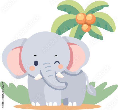 Cute Cartoon Elephant Winking near Palm Tree