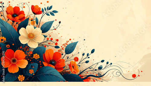 Groovy Floral Collection Digital Featuring Vibrant Orange And Cream Flowers With Dark Leaves For Retro Botanical Art And Creative Projects