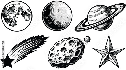 Vintage celestial objects vector set containing six separate isolated elements: detailed full moon, ringed planet, shooting star, meteorite, imaginary alien planet, and bright five-pointed star