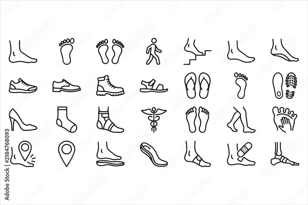 Obraz premium Collection of various footwear icons and medical foot illustrations on transparent background