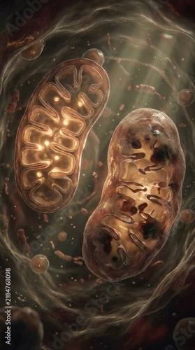 Mitochondria organelle displaying oxidative stress damage, comparing youthful biological respiration against senescent metabolic decline inside translucent cellular cytoplasm.