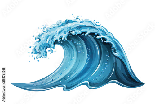 A large crashing ocean wave with foaming water droplets and swirling blue currents in a stylized style isolated on a transparent background