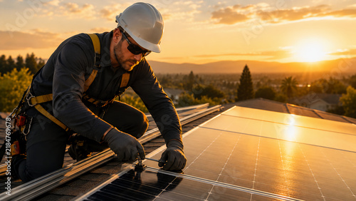 A technician in a hard hat and harness installs solar panels on a rooftop at sunset.