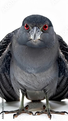 Close-up of a black-crowned night heron with compact posture, red eyes, contrasting black and gray plumage, isolated on white background