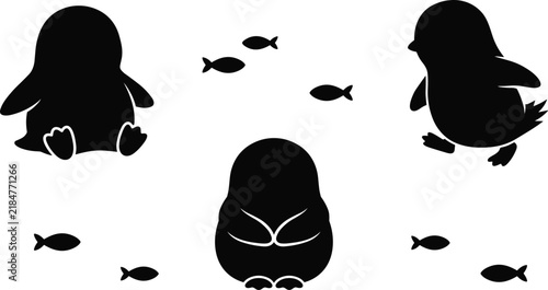 Canvastavla Cute penguin silhouettes vector collection featuring funny characters in sitting walking and sleeping poses surrounded by small swimming fish shapes
