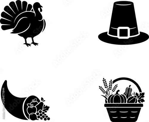 Thanksgiving icon set featuring turkey, pilgrim hat, overflowing cornucopia and basket full of autumn harvest