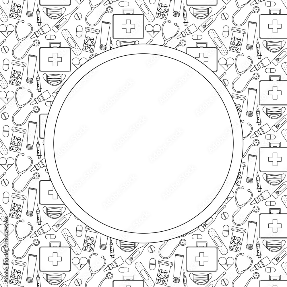 Obraz premium Pharmacy apothecary Frame circle round template hand drawn illustration. Vector graphic line art. Treatment and health care. Medicines, painkillers and vitamins. invitation, holiday banner, postcard.