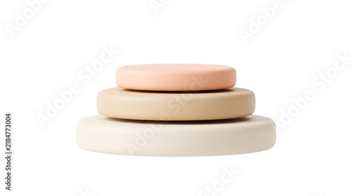 Podium display stands. Stacked round ceramic platforms in pastel beige and peach colors. Isolated