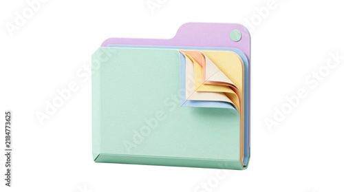 Paper folder and document management concept photo. Mint green file folder with folded pastel paper sheets