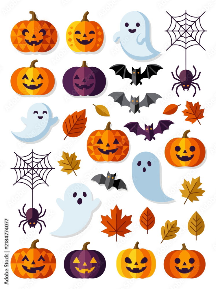Fototapeta premium Halloween flat design icons set for autumn holiday celebration
