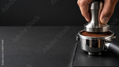 Hand using metal tamper to press ground coffee in portafilter on dark surface with space