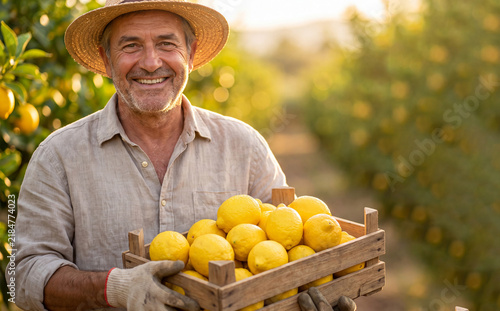 Smiling farmer holding a wooden crate of ripe lemons in a sunlit citrus orchard, Citrus limon. Fresh produce, agriculture, harvest and local food production.
