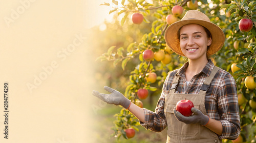 Smiling female farm worker presents a ripe apple in a sunlit orchard with copy space. For harvest recruitment, retail sales and agricultural advertising.