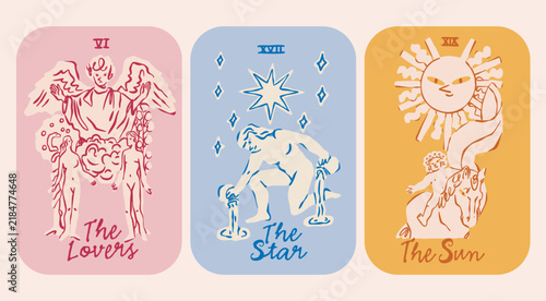 The Lovers, Star, Sun. Tarot Cards set. Major arcana. Unique colorful style. Trendy design. Hand drawn Vector illustration. Spiritual sign. Occult, alchemy, esoteric, magic mystery, prediction concept