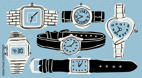 Wrist watch set. Fashion, expensive, luxury, classic mechanical, digital watches. Various bands, straps, displays. Hand drawn trendy Vector illustration. Isolated design elements 