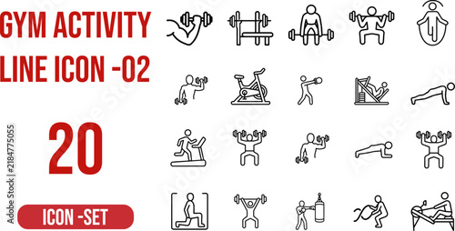 Gym Workout Activity Icons Set with Fitness Exercise and Training Activities