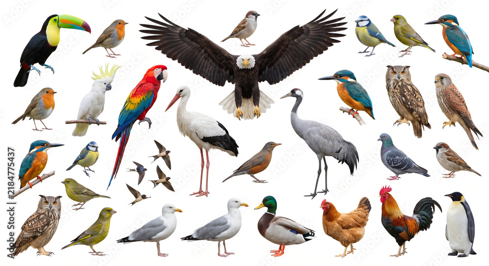 Obraz premium Collection of various bird species in a colorful arrangement on white background