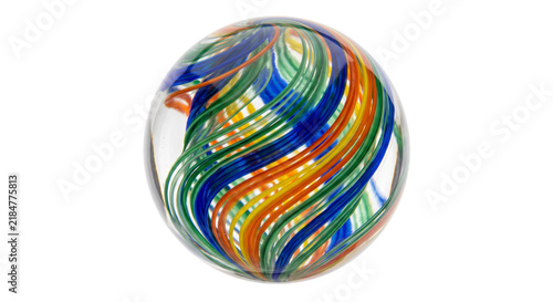 Canvastavla Vibrant glass marble with swirling colorful threads inside on white background