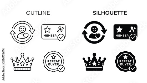 Member Card and Crown Icons: A set of outline and silhouette icons representing loyalty programs, membership cards, and rewards, including crowns and a repeat buyer badge.