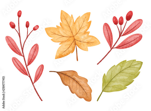 Autumn Watercolor Leaves and Berry Branches Collection for scrapbook, journal and sticker autumn
