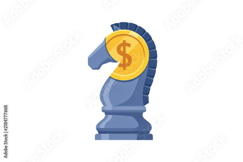 Blue chess knight piece merged with a golden dollar coin symbol isolated on a transparent background