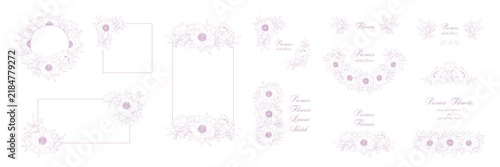 Outline peony frames set. Collection of delicate peonies arrangements with border or text for creating wedding invitations, holiday greeting cards. Isolated elegant floral decor, monogram.