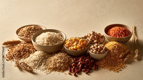 Crescent Arrangement of Staple Grains and Legumes for World Food Day, Abundance and Nutrition Concept