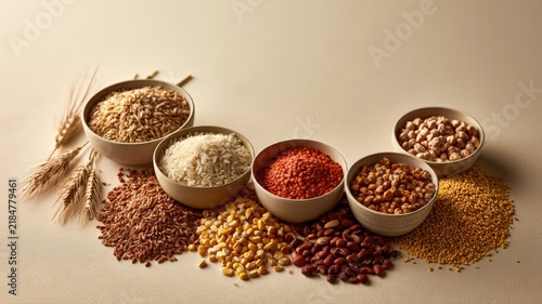 Crescent Arrangement of Staple Grains and Legumes for World Food Day on Cream Background
