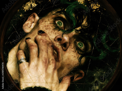 Green‑Haired Figure with Freckles and Fractured Golden Background