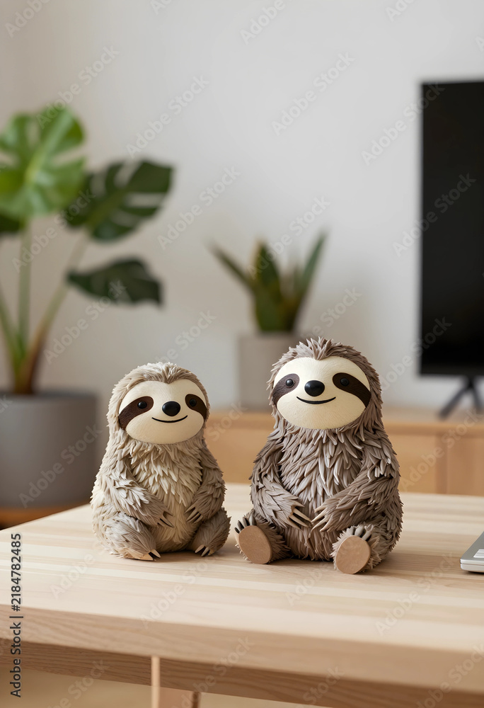 Obraz premium Slow living and mindfulness concept, two cute sloth figurines sitting on a wooden table in a cozy home interior with indoor plants and blurred background