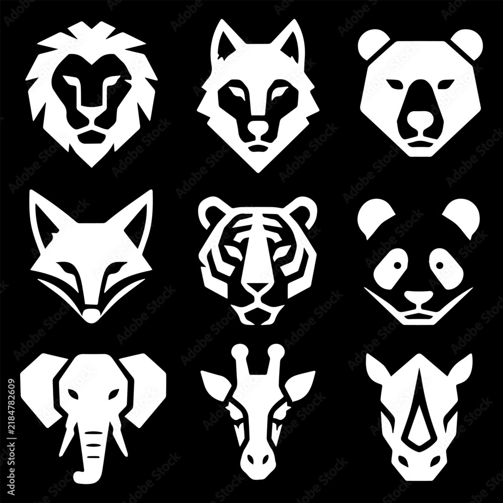 Fototapeta premium Wild animal head logo set, minimal geometric black vector icons of lion, wolf, tiger, bear, and elephant isolated on white background