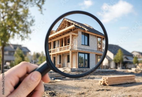 Engineer inspecting new house construction with magnifying glass, checking structural quality, safety, and workmanship during residential building development and professional inspection.