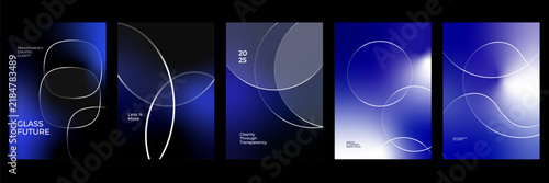Abstract Blue Glass Poster Set with Glowing Linear Accents, Circular Light Forms and Dimensional Orb Compositions for Modern Flyer and Presentation Design Vector Illustration