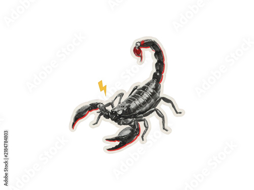 Принти на полотні Scorpion sticker illustration with halftone print texture and red accents on a t