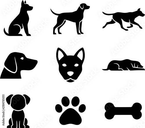 Set of Black dog silhouettes and paw 