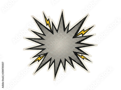 Foto Retro comic explosion starburst with halftone dot texture and yellow lightning b