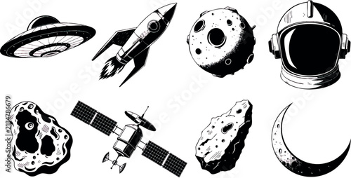 Vintage science fiction vector set containing eight separate isolated objects: classic flying saucer UFO, futuristic rocket, alien planet, astronaut helmet, mysterious space capsule, orbital satellite