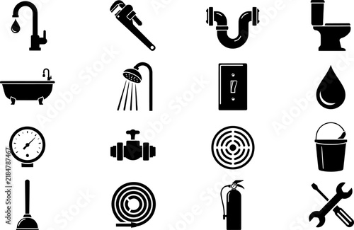 Bathroom and plumbing icons set flat silhouette style Vector Design