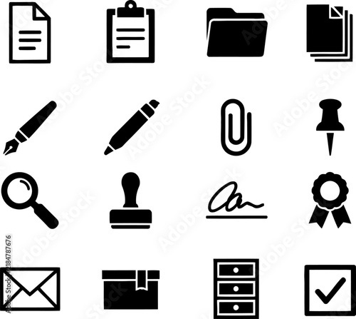 Stationery icons set flat black silhouettes Vector Design