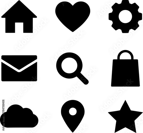 Collection of flat black icons on a white background