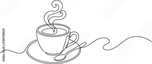 Continuous one line drawing of a cup of hot coffee