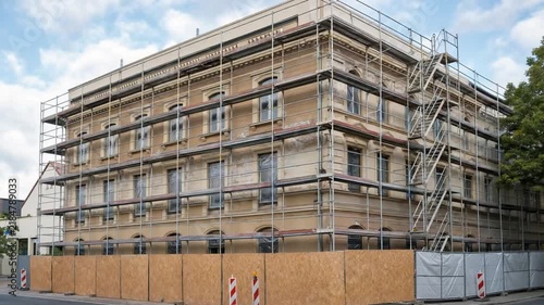 Building renovation. With scaffolding.