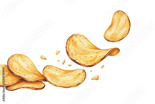 Golden crispy potato chips floating in the air with small crumb particles scattered around the main isolated on a transparent background