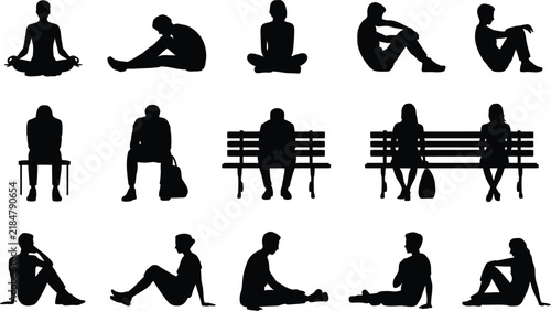 Diverse silhouettes of people in various seated poses, including meditation, relaxation, and contemplation