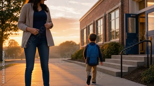 Child hugging his mother. Back to school.