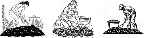 A person is gardening with a compost bin, turning over dark soil with a trowel, surrounded by sprouts in a flat vector design with an earthy and organic feel