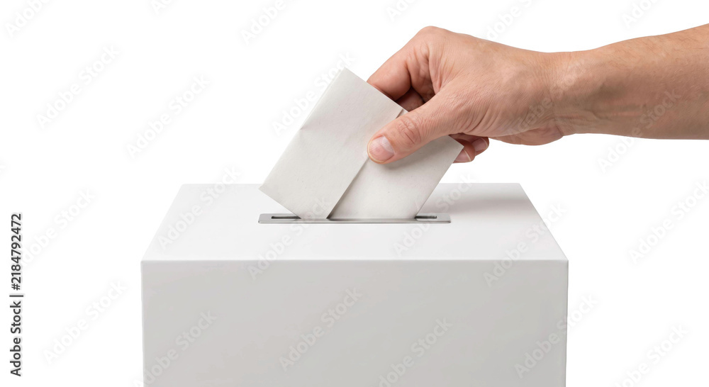 Obraz premium Hand casting a ballot into a white voting box during an election